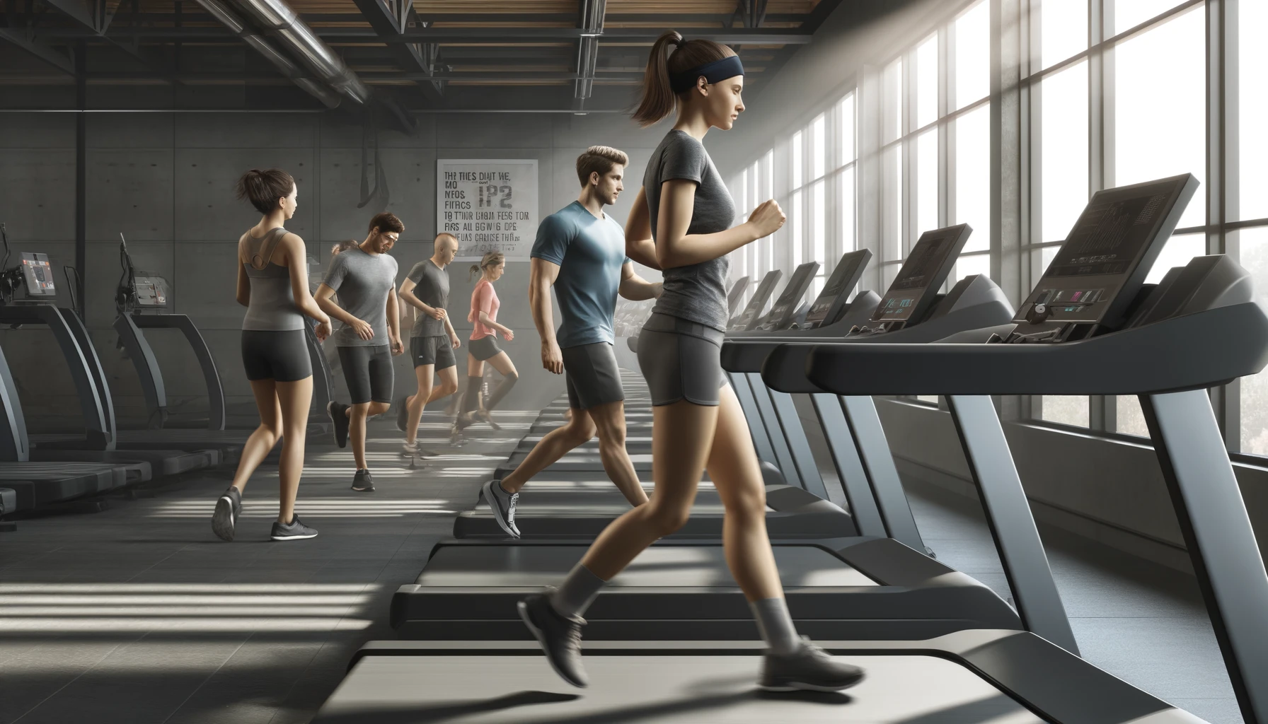 Inside a modern gym featuring a treadmill area with individuals of diverse backgrounds